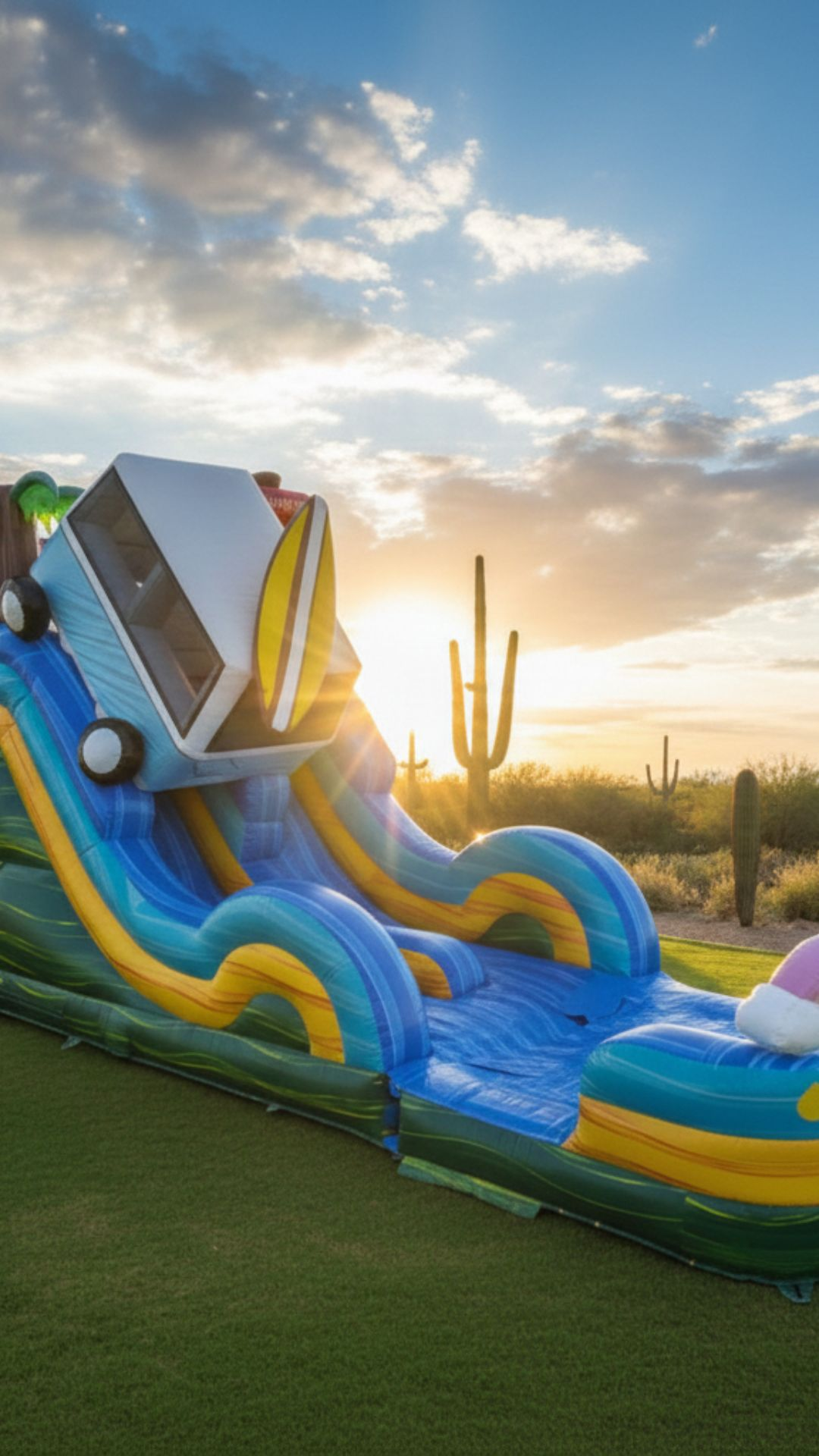 Giant inflatable water slide under an Arizona sunset sky