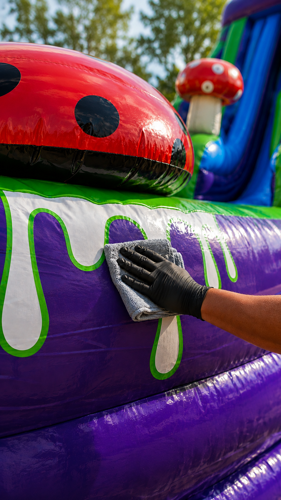 Gloved hand cleaning inflatable water slide vinyl before delivery